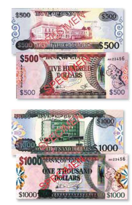 Новые доллары банка Гайаны: 500 и 1000